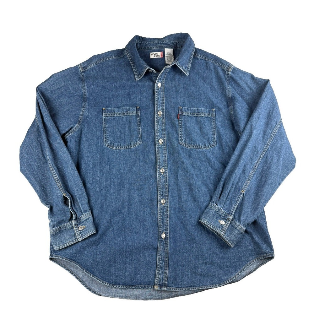 Levis Jeans Denim Shirt Mens XL Blue 100% Cotton Work Western Button Up Red Tab